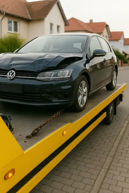 Ein defektes Auto wird zwecks Autoankauf in Marburg abgeschleppt, um seinen Restwert zu bestimmen.